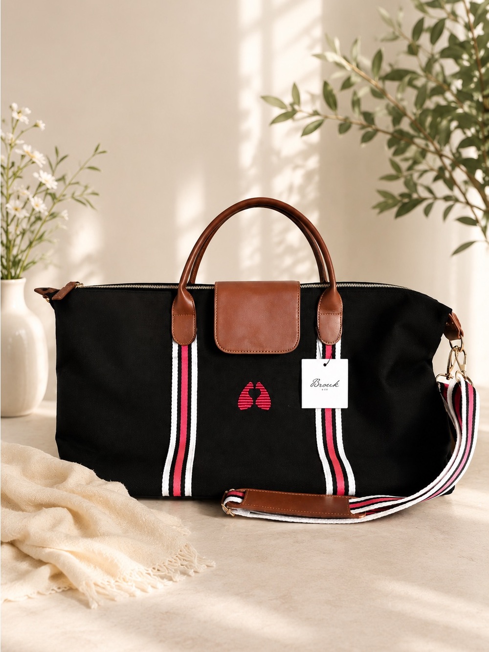 NWT Brouk & Co Black Weekender Duffel Bag Red / White Stripe Travel Tote
